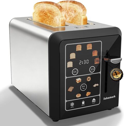 SAKAMOSH 2 Slice Touchscreen Toaster with Wide Slots for Bagels | 6 Browning Levels & 6 Bread Types, Wide Slots for Bagel, Memory Function, Defrost & Reheat & Cancel & Timer, Stainless Steel in Kuwait