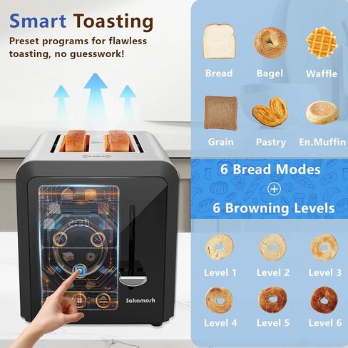 SAKAMOSH 2 Slice Touchscreen Toaster with Wide Slots for Bagels | 6 Browning Levels & 6 Bread Types, Wide Slots for Bagel, Memory Function, Defrost & Reheat & Cancel & Timer, Stainless Steel in Kuwait