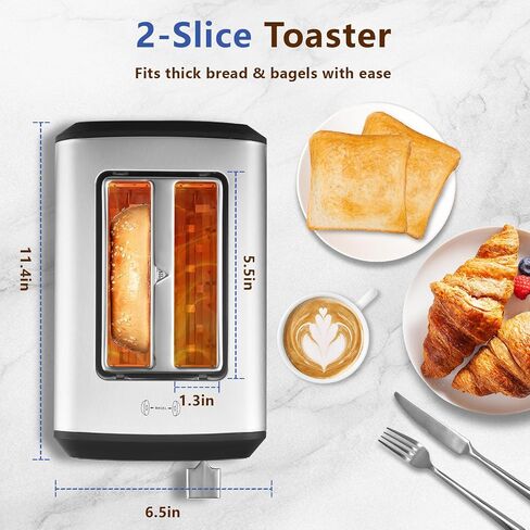 SAKAMOSH 2 Slice Touchscreen Toaster with Wide Slots for Bagels | 6 Browning Levels & 6 Bread Types, Wide Slots for Bagel, Memory Function, Defrost & Reheat & Cancel & Timer, Stainless Steel in Kuwait