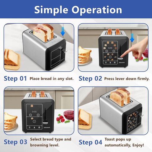 SAKAMOSH 2 Slice Touchscreen Toaster with Wide Slots for Bagels | 6 Browning Levels & 6 Bread Types, Wide Slots for Bagel, Memory Function, Defrost & Reheat & Cancel & Timer, Stainless Steel in Kuwait
