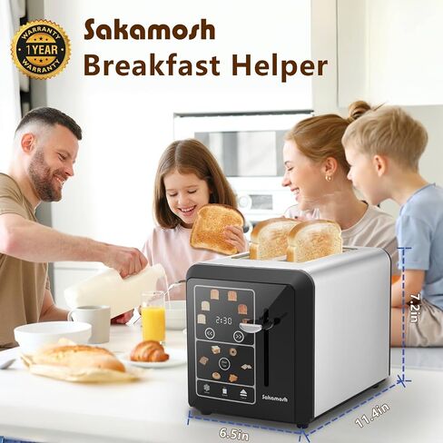 SAKAMOSH 2 Slice Touchscreen Toaster with Wide Slots for Bagels | 6 Browning Levels & 6 Bread Types, Wide Slots for Bagel, Memory Function, Defrost & Reheat & Cancel & Timer, Stainless Steel in Kuwait