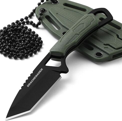 DRACHENADER Small Neck Knife with Sheath and Necklace XR-03 | 2.17" Tanto 5Cr13MoV Steel Blade, Full Tang EDC Mini Fixed Blade Knife for Camping Hiking, Black-Green in Kuwait