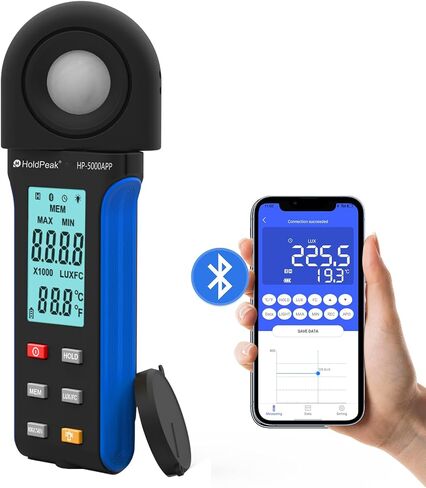 HoldPeak Illuminance Light Meter with Bluetooth, Digital Lux Foot Candles Meter 0.1~400,000 Lux with 270º Rotating Sensor, Lumen Meter Luxmeter for Plants, Car Headlights, Home & Office LEDs in Saudi Arabia