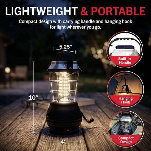 Dynamo Hand Crank Solar Powered Lantern - Battery-Operated or Rechargeable LED Light with Adjustable Settings for Camping by Whetstone (Black) in Saudi Arabia