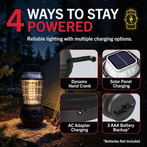 Dynamo Hand Crank Solar Powered Lantern - Battery-Operated or Rechargeable LED Light with Adjustable Settings for Camping by Whetstone (Black) in Saudi Arabia