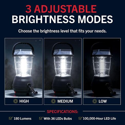 Dynamo Hand Crank Solar Powered Lantern - Battery-Operated or Rechargeable LED Light with Adjustable Settings for Camping by Whetstone (Black) in Saudi Arabia
