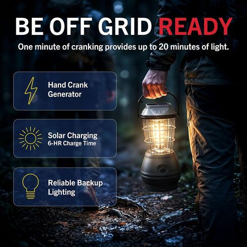 Dynamo Hand Crank Solar Powered Lantern - Battery-Operated or Rechargeable LED Light with Adjustable Settings for Camping by Whetstone (Black) in Saudi Arabia