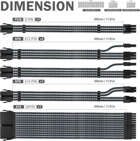18AWG PSU Cable Extension GPU PC Power Supply Braided Cables, 1x24Pin ATX/1x8Pin(4+4) EPS/2x8Pin(6+2) PCIE Extension Cable -30CM in Saudi Arabia