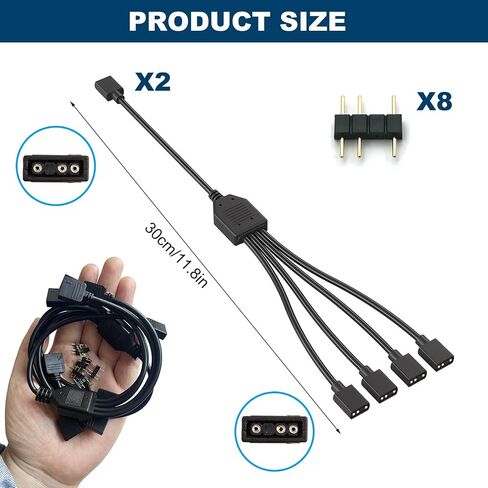 2 Pack 3Pin 5V ARGB Extension Cable Set with 8 Male Pins, 1-to-4 Addressable RGB Splitter Cable Female to Female Adapter for PC Case Fans LED Strips CPU Coolers Chassis Lighting System (Black) in Saudi Arabia