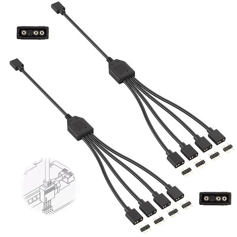 2 Pack 3Pin 5V ARGB Extension Cable Set with 8 Male Pins, 1-to-4 Addressable RGB Splitter Cable Female to Female Adapter for PC Case Fans LED Strips CPU Coolers Chassis Lighting System (Black) in Saudi Arabia