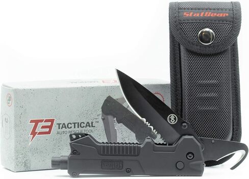 StatGear T3 Tactical Auto Rescue Tool - Folding Rescue Knife, Glass Window Breaker, Seatbelt Cutter, Molded Grips, LED Light, Sheath in Saudi Arabia