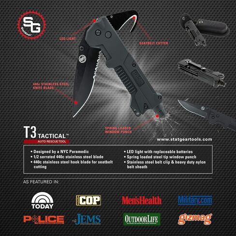 StatGear T3 Tactical Auto Rescue Tool - Folding Rescue Knife, Glass Window Breaker, Seatbelt Cutter, Molded Grips, LED Light, Sheath in Saudi Arabia