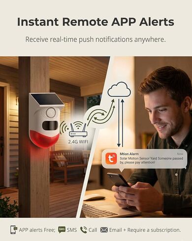 إنذار PILSAMAS WiFi الذكي بمستشعر الحركة الشمسية في الهواء الطلق مع تنبيهات التطبيقات المجانية | تسمية المنطقة، جداول الذراع/نزع السلاح، أمن محيط الفناء بدون كاميرا، رادع قوي 120 ديسيبل للممر، حمام السباحة والمرآب in Kuwait