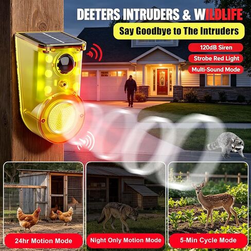 Solar Outdoor Motion Sensor Alarm, 130dB Loud, 13 Sounds with Recording, Strobe Light, 3 Work Modes, Wall Mount, for Home, Villa, Farm (Yellow 1Pack) in Saudi Arabia