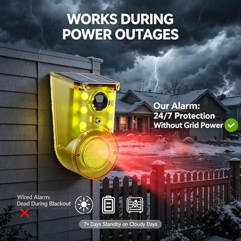 Solar Outdoor Motion Sensor Alarm, 130dB Loud, 13 Sounds with Recording, Strobe Light, 3 Work Modes, Wall Mount, for Home, Villa, Farm (Yellow 1Pack) in Saudi Arabia