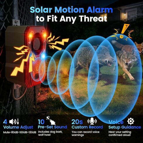 Solar Motion Sensor Alarm Outdoor - Upgraded Radar + IR Detection | 130dB dog bark & strobe light to deter deer bear, 10 sounds, 20s record, IP65 waterproof motion detector for garden yard farm in Kuwait