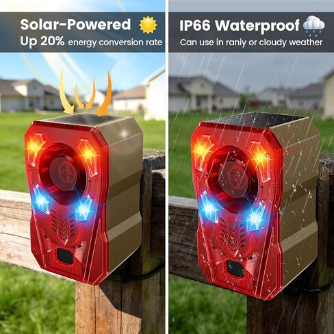 Solar Motion Sensor Alarm Outdoor - Upgraded Radar + IR Detection | 130dB dog bark & strobe light to deter deer bear, 10 sounds, 20s record, IP65 waterproof motion detector for garden yard farm in Kuwait