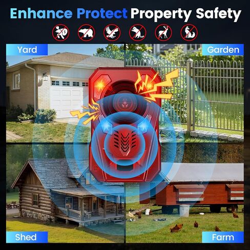 Solar Motion Sensor Alarm Outdoor - Upgraded Radar + IR Detection | 130dB dog bark & strobe light to deter deer bear, 10 sounds, 20s record, IP65 waterproof motion detector for garden yard farm in Kuwait