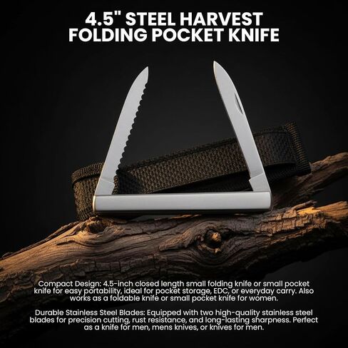 SZCO 4.5" Steel Harvest Folding Pocket Knife for Men – Compact EDC Small Pocket Knife with Dual Stainless Steel Blades Pocket Knives & Folding Knives with Sheath for Gardening, Camping, and Everyday Carry in Kuwait