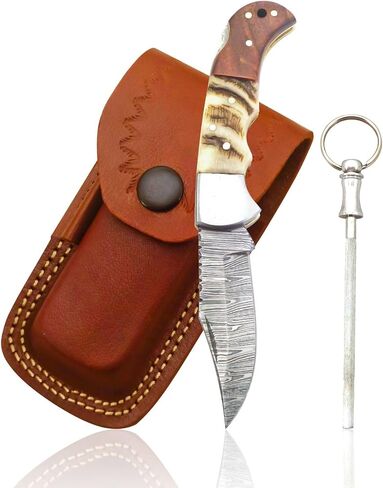 Damascus Pocket Knife for Men - 6.8 Inches Deer Antler Knife - Pocket Knives & Folding Knives with Sheath & Back Lock - Stag Handle Knife with Sharpener - Folding Pocket knife for Camping & Hiking in Kuwait