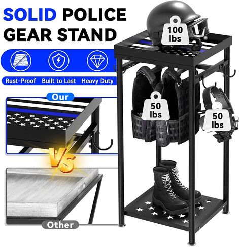 POOAMY Police Gear Stand, Tactical Police Hanger with Hooks, Freestanding Police Gear Rack for Gun Storage, Body Armor Stand for Storing Uniform, Duty Belt and Vest Hanger, Police Gift, Black in Saudi Arabia