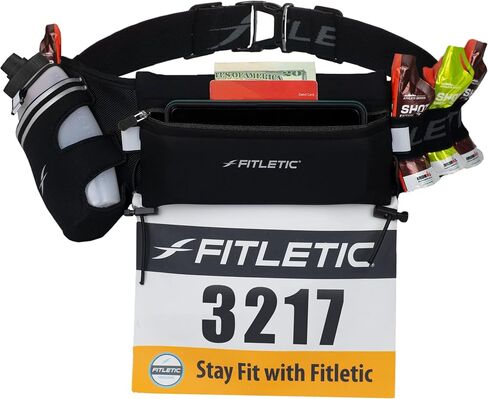 Fitletic Hydration Running Belt With 12oz Quick Flow Water Bottle For Men & Women –Race Belt, Gel Holder & Bib Toggles Patented Bounce Free Design, Water Resistant Fits All Phones –Fully Loaded in Kuwait