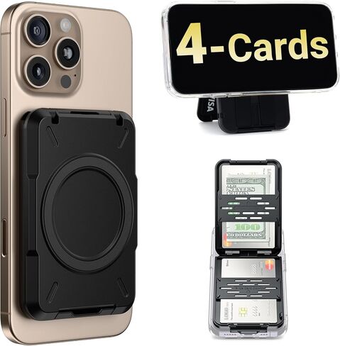 PROfezzion Double Sided Magnetic Wallet 4-Card Holder for MagSafe iPhones | Black, RFID Blocking, Locking Latch, Kickstand, Fits MagSafe Mount Stand Grip for iPhone 17 16 15 14 13 12 Pro Max & More in Kuwait