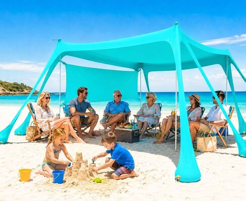Large Beach Tent Sun Shelter with Sidewall, UPF80+ UV Protection Beach Tents Shade Canopy with 8 Sandbags, 4 Stability Poles for Sand, Camping, Fishing, Outdoor Tent Sun Shelters (11x11ft, Turquoise) in Saudi Arabia