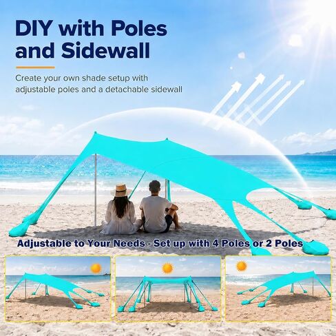 Large Beach Tent Sun Shelter with Sidewall, UPF80+ UV Protection Beach Tents Shade Canopy with 8 Sandbags, 4 Stability Poles for Sand, Camping, Fishing, Outdoor Tent Sun Shelters (11x11ft, Turquoise) in Saudi Arabia