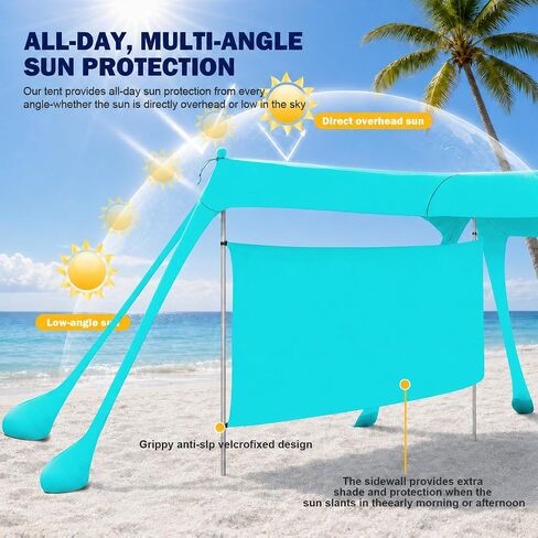 Large Beach Tent Sun Shelter with Sidewall, UPF80+ UV Protection Beach Tents Shade Canopy with 8 Sandbags, 4 Stability Poles for Sand, Camping, Fishing, Outdoor Tent Sun Shelters (11x11ft, Turquoise) in Saudi Arabia