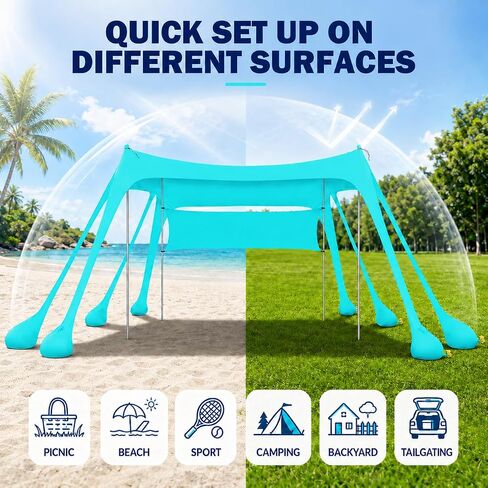 Large Beach Tent Sun Shelter with Sidewall, UPF80+ UV Protection Beach Tents Shade Canopy with 8 Sandbags, 4 Stability Poles for Sand, Camping, Fishing, Outdoor Tent Sun Shelters (11x11ft, Turquoise) in Saudi Arabia