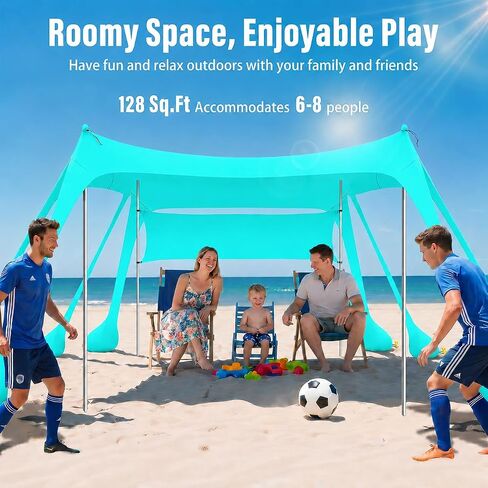 Large Beach Tent Sun Shelter with Sidewall, UPF80+ UV Protection Beach Tents Shade Canopy with 8 Sandbags, 4 Stability Poles for Sand, Camping, Fishing, Outdoor Tent Sun Shelters (11x11ft, Turquoise) in Saudi Arabia