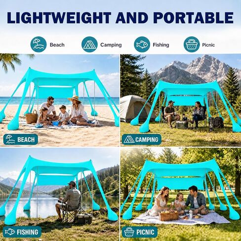 Large Beach Tent Sun Shelter with Sidewall, UPF80+ UV Protection Beach Tents Shade Canopy with 8 Sandbags, 4 Stability Poles for Sand, Camping, Fishing, Outdoor Tent Sun Shelters (11x11ft, Turquoise) in Saudi Arabia