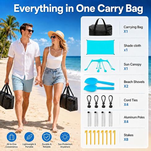 Large Beach Tent Sun Shelter with Sidewall, UPF80+ UV Protection Beach Tents Shade Canopy with 8 Sandbags, 4 Stability Poles for Sand, Camping, Fishing, Outdoor Tent Sun Shelters (11x11ft, Turquoise) in Saudi Arabia