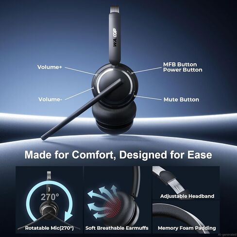 Wireless Headset with Mic for Work, USB A/C Dongle, Bluetooth 6.0 Headset with AI Noise Cancelling Microphone, Wireless Headphones with Mic Mute & 65H, Wireless Headset for PC/Computer/Laptop/Teams in Saudi Arabia