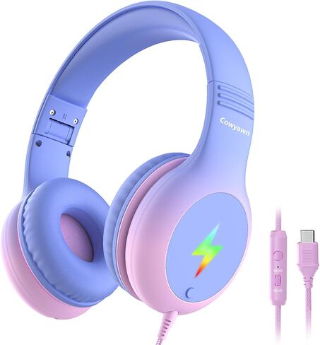 Cowyawn USB Type C Kid Headphones, Kid Wired Headphones with Mic/LED Lights | 85/94dB Volume Limit, Stereo Sound, Foldable Over Ear USB-C Headphones for Kids/Boys/Girls/School/Travel/Tablet/iPad, Pink in Saudi Arabia