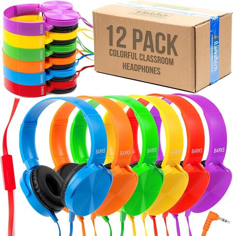 Barks Classroom Headphones with Microphone (Black, 12 Pack) - Wired 3.5mm On-Ear Bulk Headphones for Classroom: Best for Students K-12 Schools (Durable, Inline Microphone, Great Recording Quality) in Saudi Arabia
