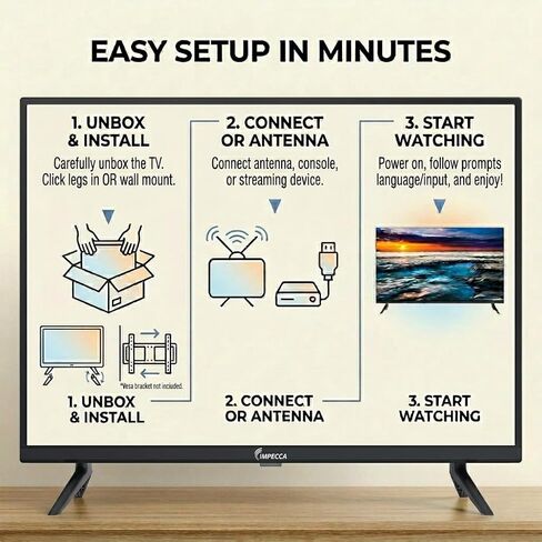 Impecca 32" LED TV 720P HD, HDMI & USB Ports Full Function Remote Control Built-in Stereo Speakers Wall Mountable Frameless Design, None-Smart in Kuwait