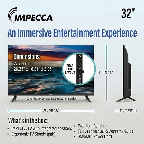 Impecca 32" LED TV 720P HD, HDMI & USB Ports Full Function Remote Control Built-in Stereo Speakers Wall Mountable Frameless Design, None-Smart in Kuwait