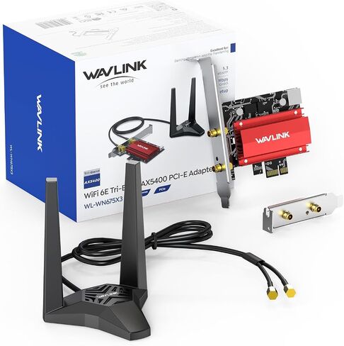 بطاقة شبكة WAVLINK AXE5400 WiFi 6E PCIe، محول لاسلكي ثلاثي الموجات AX210 مع بلوتوث 5.3، MU-MIMO، WPA3، OFDMA، دعامة منخفضة المستوى، حوض حراري، لأجهزة الكمبيوتر التي تعمل بنظام Windows 10/11 in Kuwait
