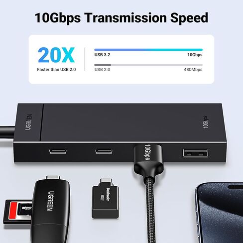 UGREEN USB C Hub، محول USB 3.2 4 في 1، 2 xUSB-C و2xUSB-A، ألومنيوم | موسع مقسم 4 منافذ بسرعة 10 جيجابت في الثانية لأجهزة MacBook Pro/Air وiPad Pro وiPhone 17 وGalaxy S26 وSurface والكمبيوتر الشخصي وأجهزة الكمبيوتر المحمولة والمزيد in Kuwait