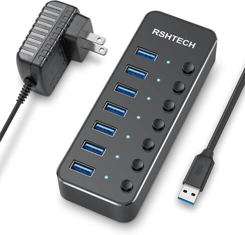 USB 3.0 Hub, RSHTECH 7 Port Powered USB Hub Expander Aluminum USB 3.0 Data Port hub with Universal 5V AC Adapter and Individual On/Off Switches USB Splitter for Laptop and PC(Black) in Saudi Arabia