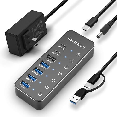 RSHTECH 7-Port Powered USB 3.2/USB C Hub with 10Gbps USB-A 3.2, 2 USB-C 3.2, 4 USB 3.0 Ports, Individual Touch Switches, 3.3ft Cable and 5V Power Adapter, USB Hub Splitter for Laptop/PC, RSH-ST07C in Saudi Arabia