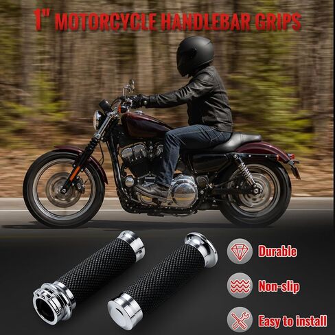 1''Handlebar Grips Fit for Harley Davidson Grips Cable Throttle Hand Grips | Non-Slip Rubber Motorcycle Handgrips Compatible Harley Touring Softail Dyna Sportster Street Glide Cruisers Choppers Chrome in Kuwait