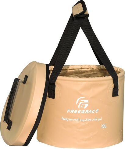 Freegrace Collapsible Bucket with Mesh Tool Pocket - Portable Folding Water Container - Heavy Duty 500D Tarpaulin, BPA-Free Wash Basin for Camping, Fishing, RV, and Car Washing (Khaki, 23L) in Saudi Arabia