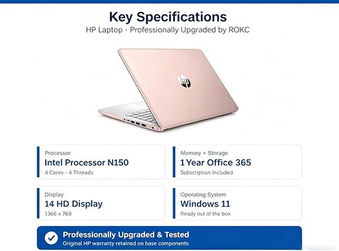Customized Elite HP 14" HD Laptop, 4GB, 128GB, Intel 4-Core, 1-Year Office | Windows 11 | RAM Upgradable to 16GB | 1-Year Microsoft 365 & 1TB Cloud Storage | Rose Gold | Retains HP Warranty in Kuwait