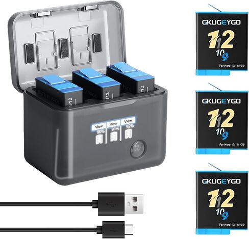 Battery Charger Kit, 3 Pack 2000mAh Action Camera Batteries & Triple Slot Charger Compatible with GoPro Hero 12/11/10/9 Black in Saudi Arabia