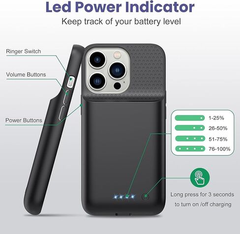 Battery Case for iPhone 13/13 Pro/14, [2025 Upgraded] 7500mAh Slim Portable Smart Charging Case Rechargeable Protective Extended Charging Cover for iPhone 13/13 Pro/14 Battery Pack (6.1 Inch), Black in Kuwait