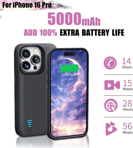 Battery Case for iPhone 16 Pro, 5000mAh Rechargeable Extended Battery Charging/Charger Case, Add 100% Extra Juice (6.3 inch) Black in Kuwait