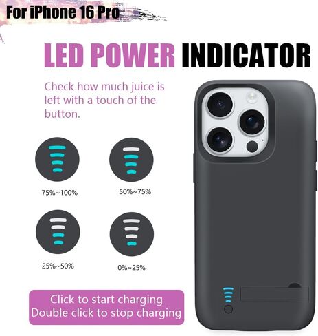 Battery Case for iPhone 16 Pro, 5000mAh Rechargeable Extended Battery Charging/Charger Case, Add 100% Extra Juice (6.3 inch) Black in Kuwait